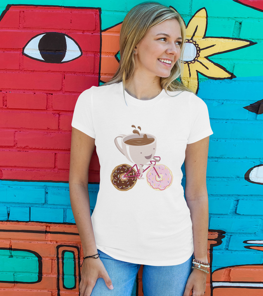 Happy Coffee Cup Riding Donut Bicycle Fun T-Shirt