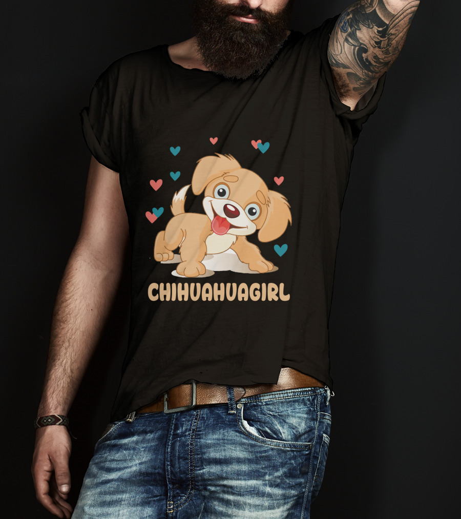 Chihuahuagirl Cute Cartoon Puppy Surrounded By Colorful Hearts T-Shirt