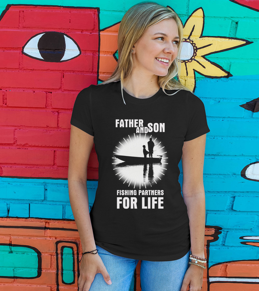 Father And Son Fishing Partners For Life Boat Silhouette Sunburst T-Shirt