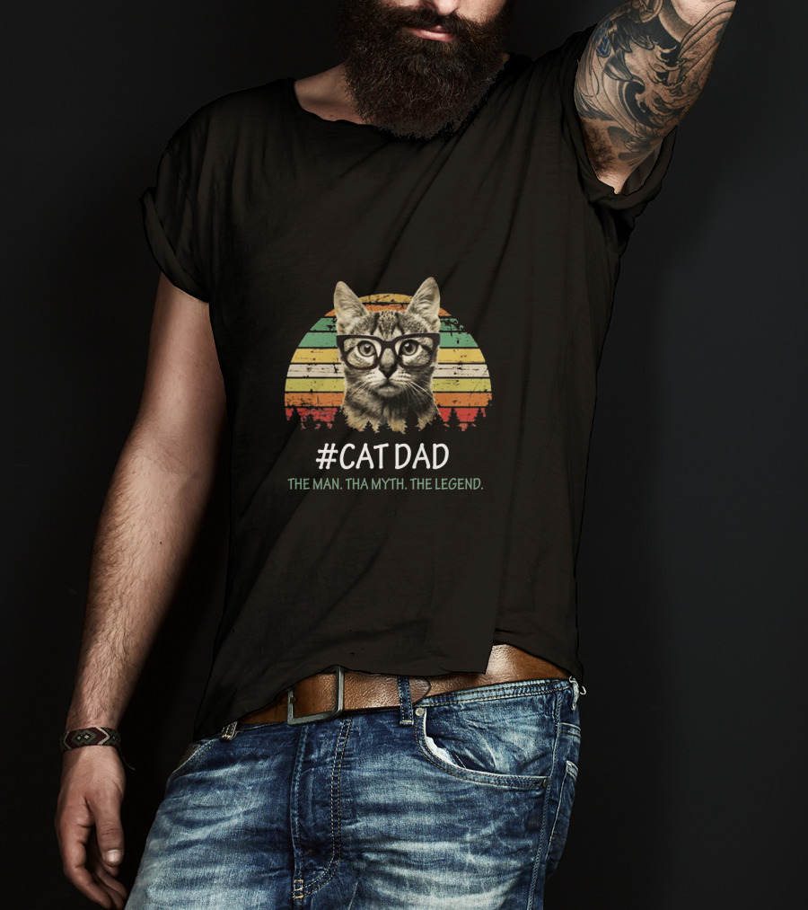 Cat Dad The Man Tha Myth The Legend Vintage Striped Glasses Cat T-Shirt
