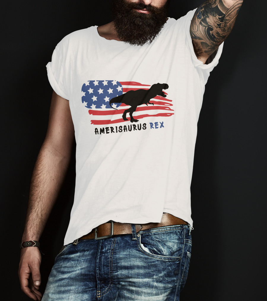 Amerisaurus Rex Dinosaur Silhouette With American Flag T-Shirt