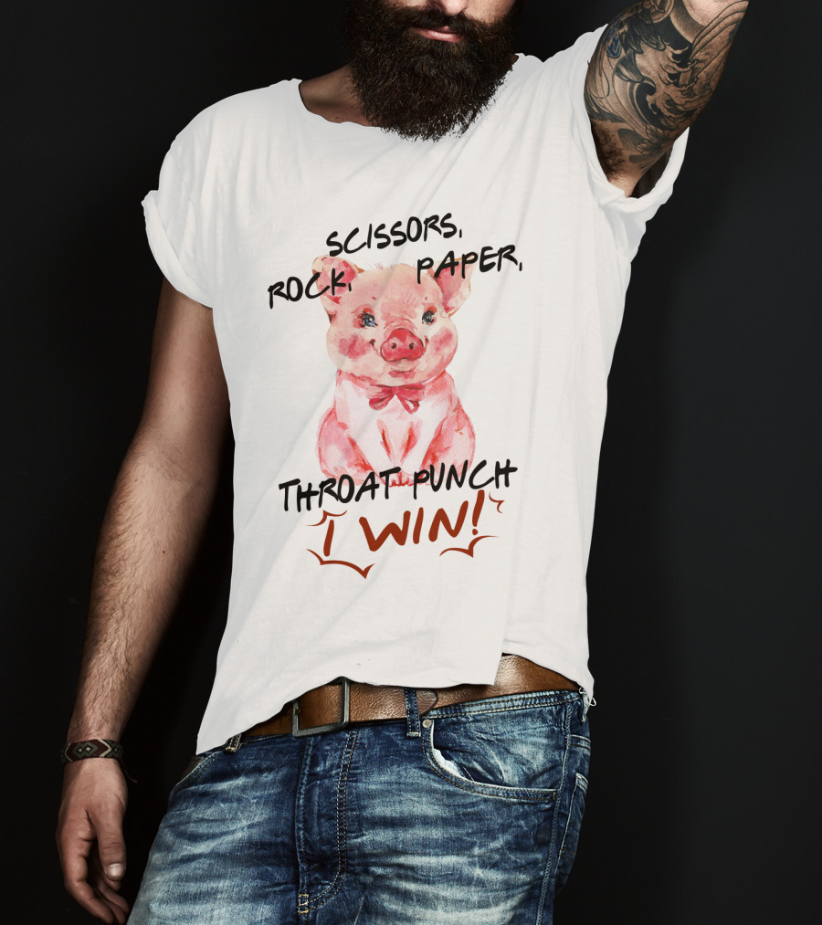 Scissors Rock Paper Throat Punch I Win Cute Pig Watercolor T-Shirt