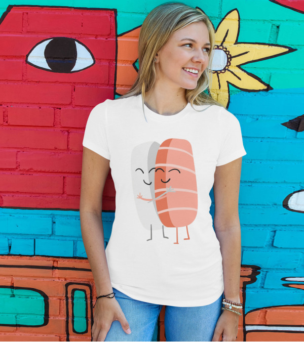 Kawaii Sushi Hugging Salmon Nigiri Cartoon T-Shirt
