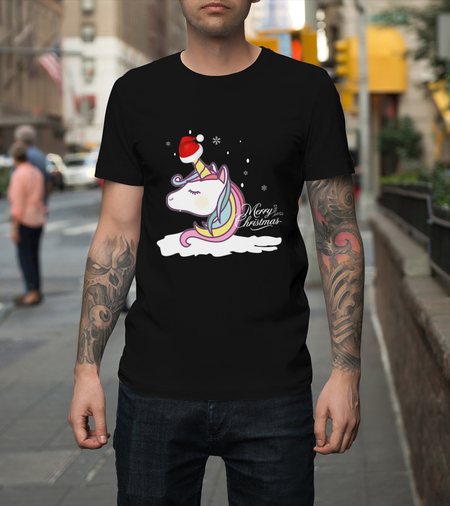 Merry Christmas Unicorn Santa Hat Snowflakes T-Shirt