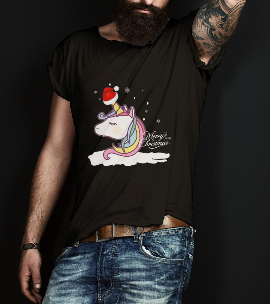 Merry Christmas Unicorn Santa Hat Snowflakes T-Shirt