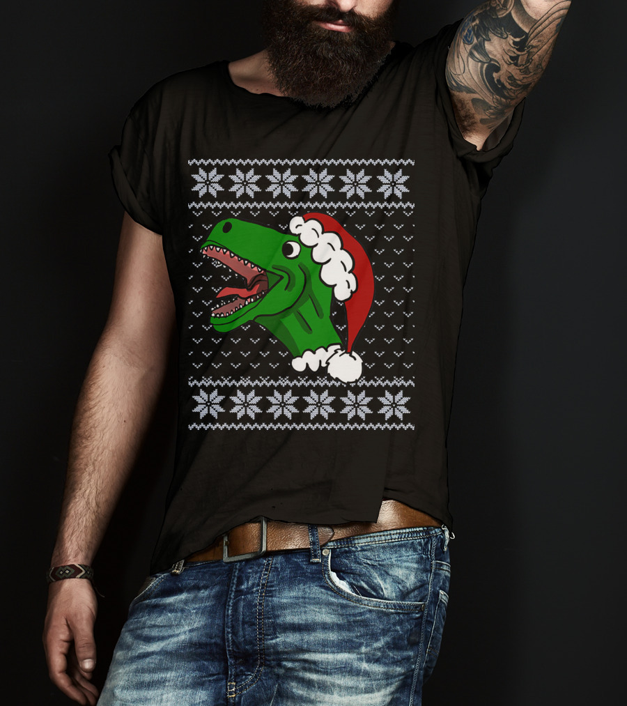 T Rex Christmas Ugly Sweater Santa Hat T-Shirt