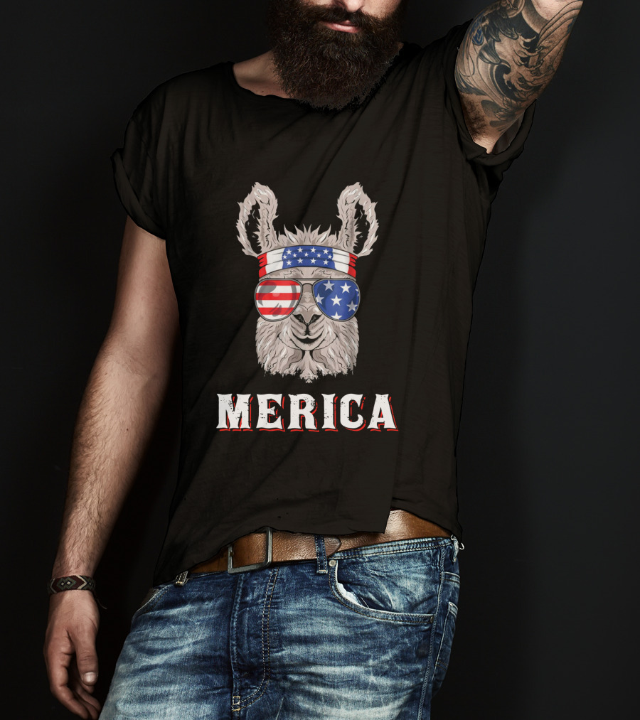 Llamerica Merica American Llama In Stars And Stripes Bandana And Sunglasses T-Shirt