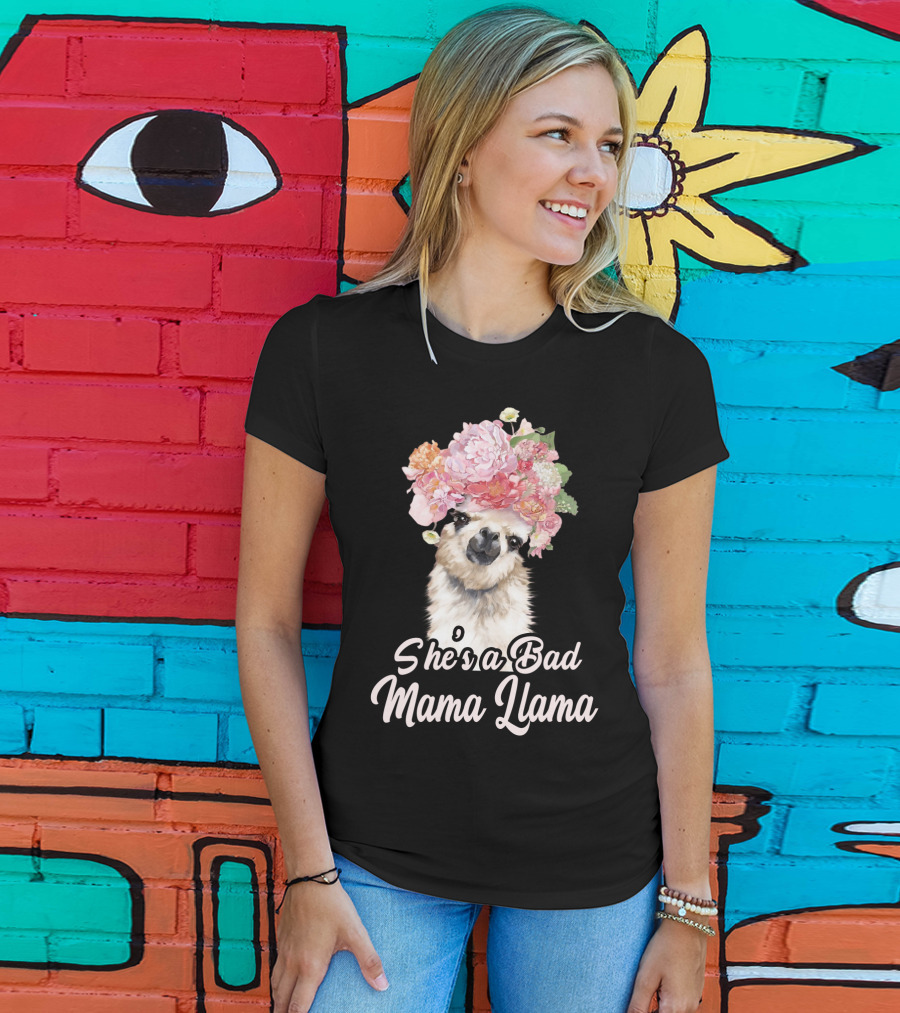She's A Bad Mama Llama With Floral Crown T-Shirt