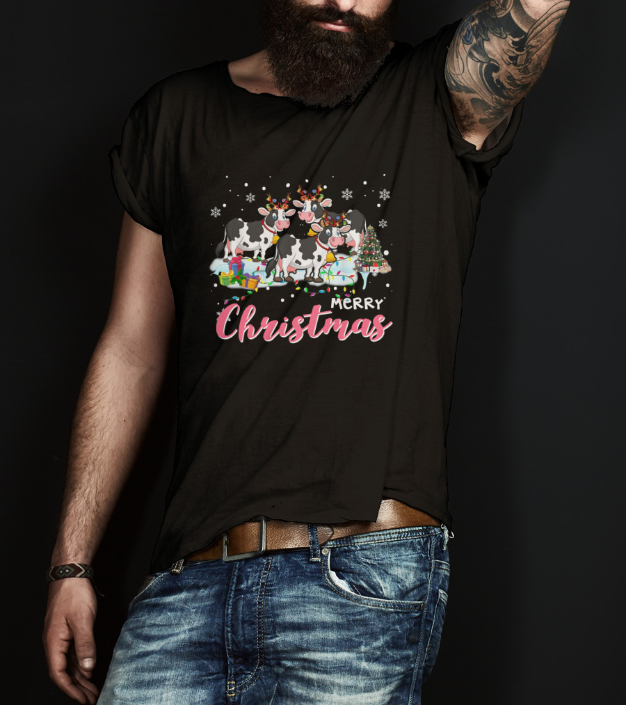 Merry Christmas Cows With Snowflakes, Gifts, And Tree T-Shirt