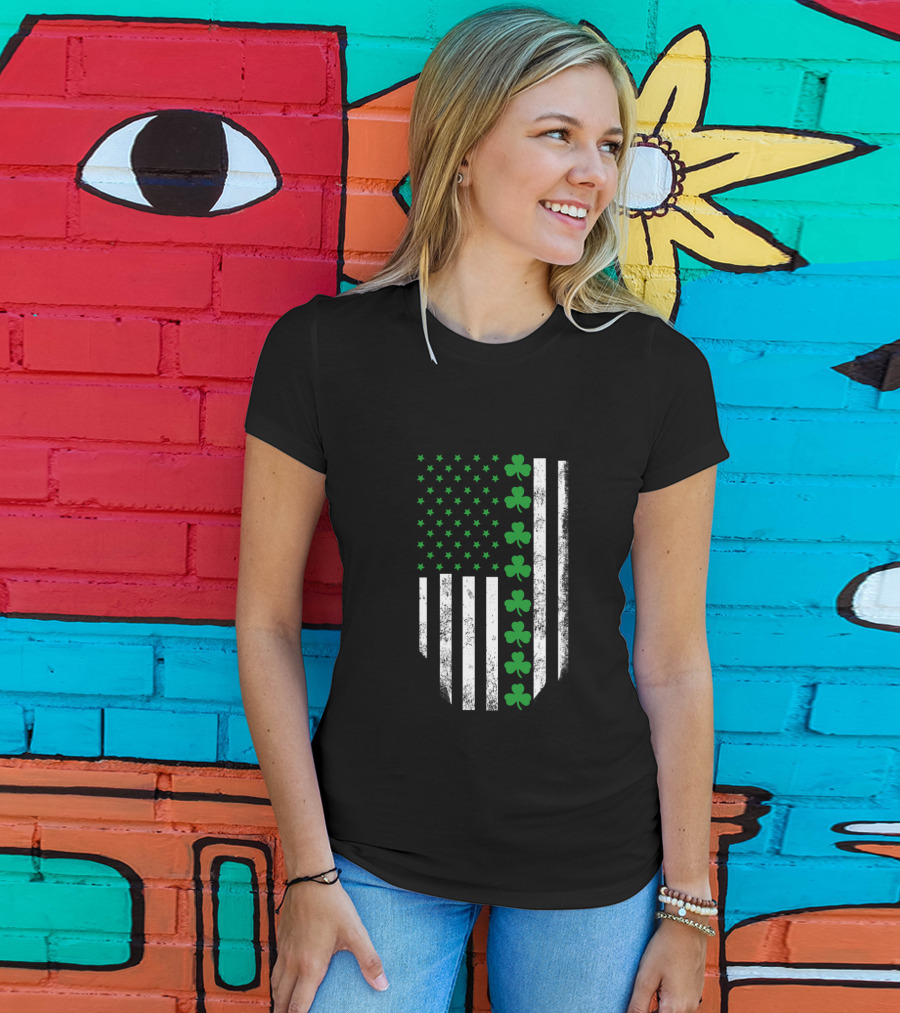 St Patrick's Day Shamrock American Flag T-Shirt
