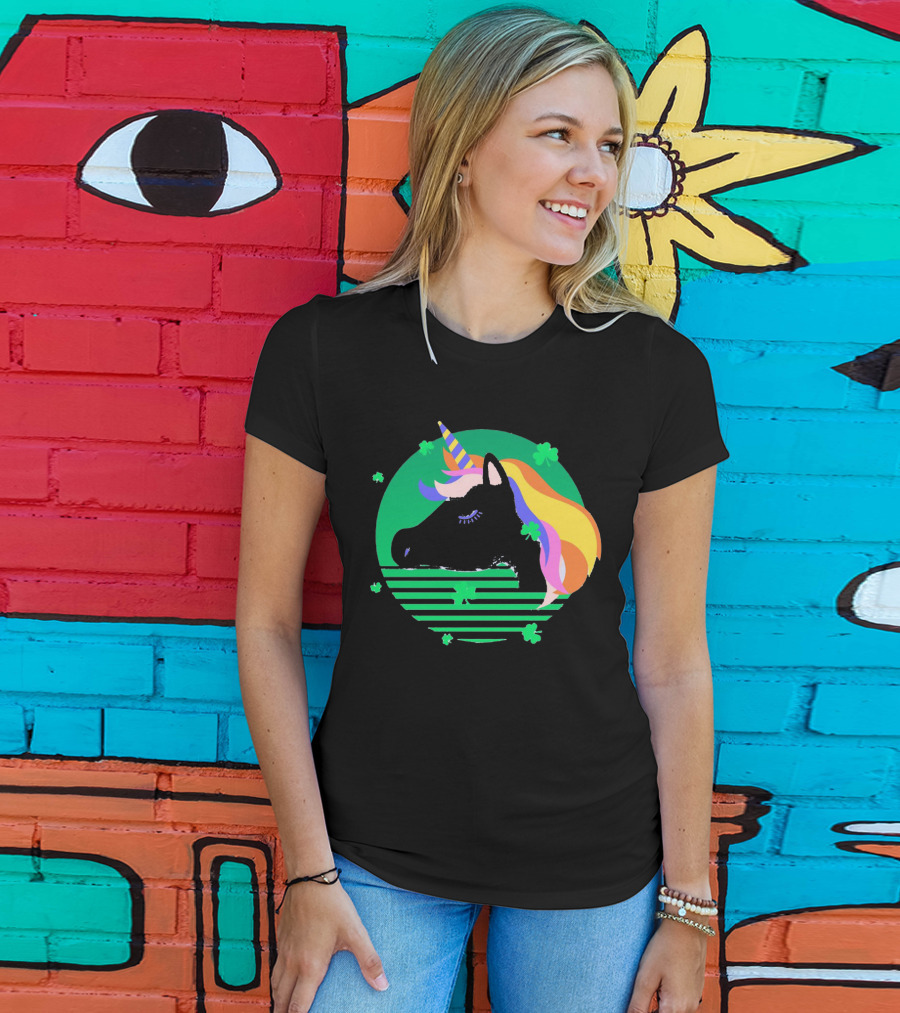 Rainbow Unicorn With Clover And Stripes St Patrick's Day T-Shirt