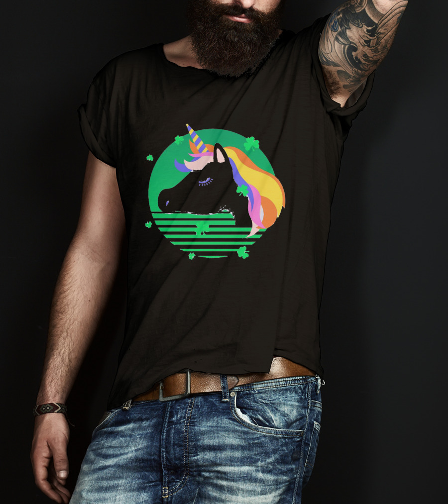 Rainbow Unicorn With Clover And Stripes St Patrick's Day T-Shirt