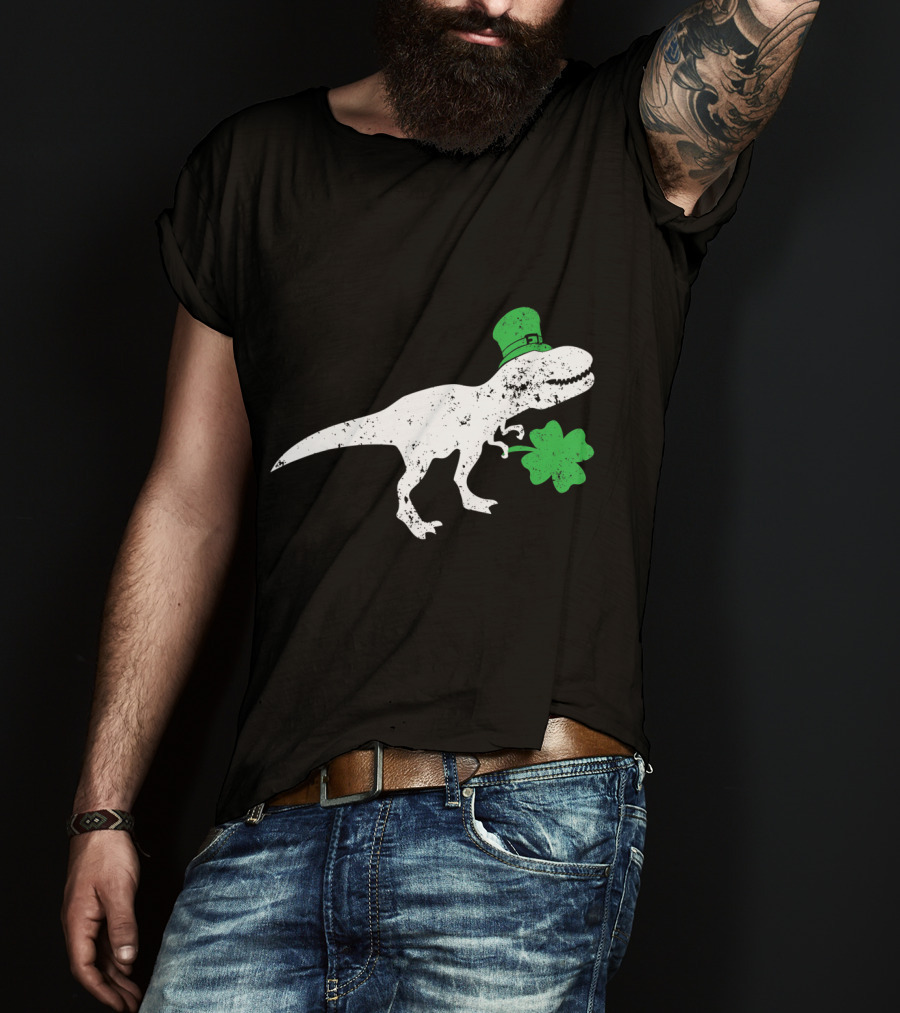 T-Rex Dinosaur With Leprechaun Hat And Shamrock For St Patricks Day T-Shirt