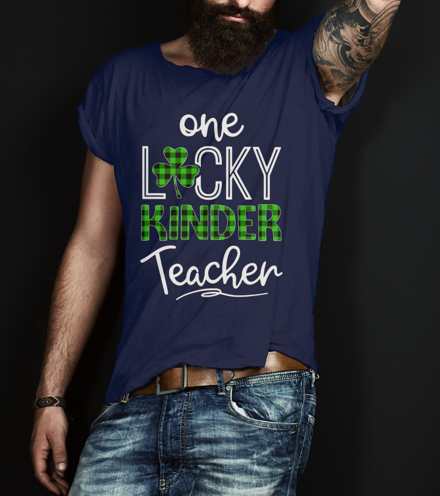 One Lucky Kinder Teacher Shamrock Plaid T-Shirt