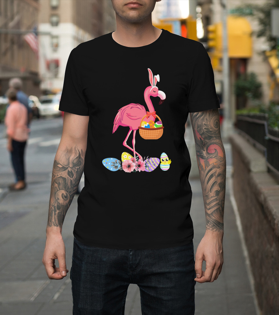 Flamingo With Easter Basket And Colorful Eggs T-Shirt