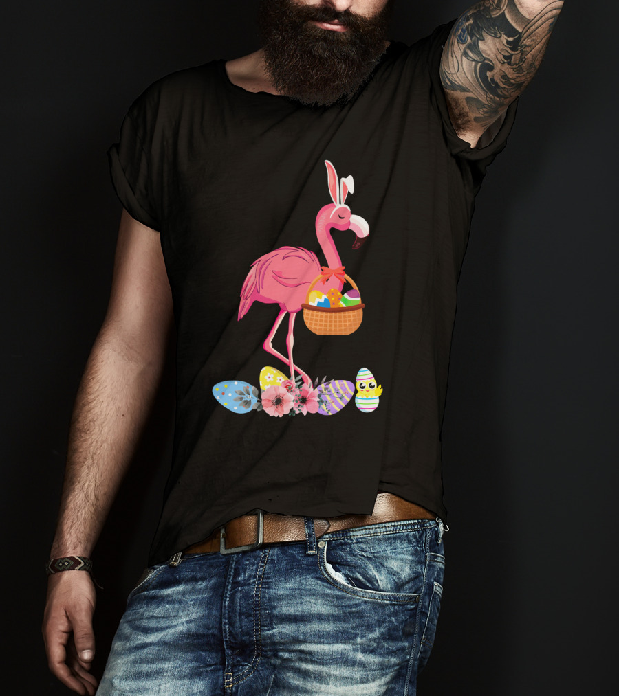 Flamingo With Easter Basket And Colorful Eggs T-Shirt