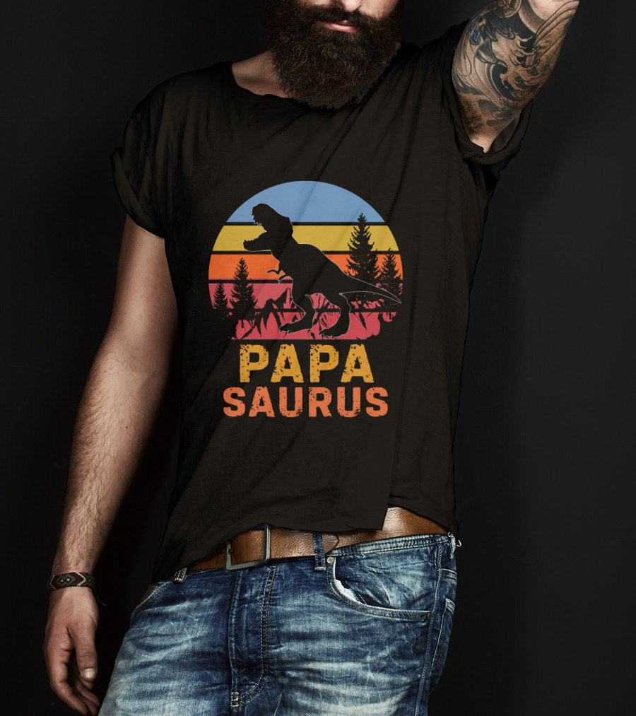 PAPA SAURUS Rex Dinosaur Silhouette Vintage Sunset T-Shirt