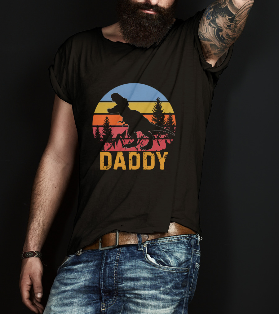 Daddy Saurus Dinosaur Sunset Silhouette Retro Vintage T-Shirt