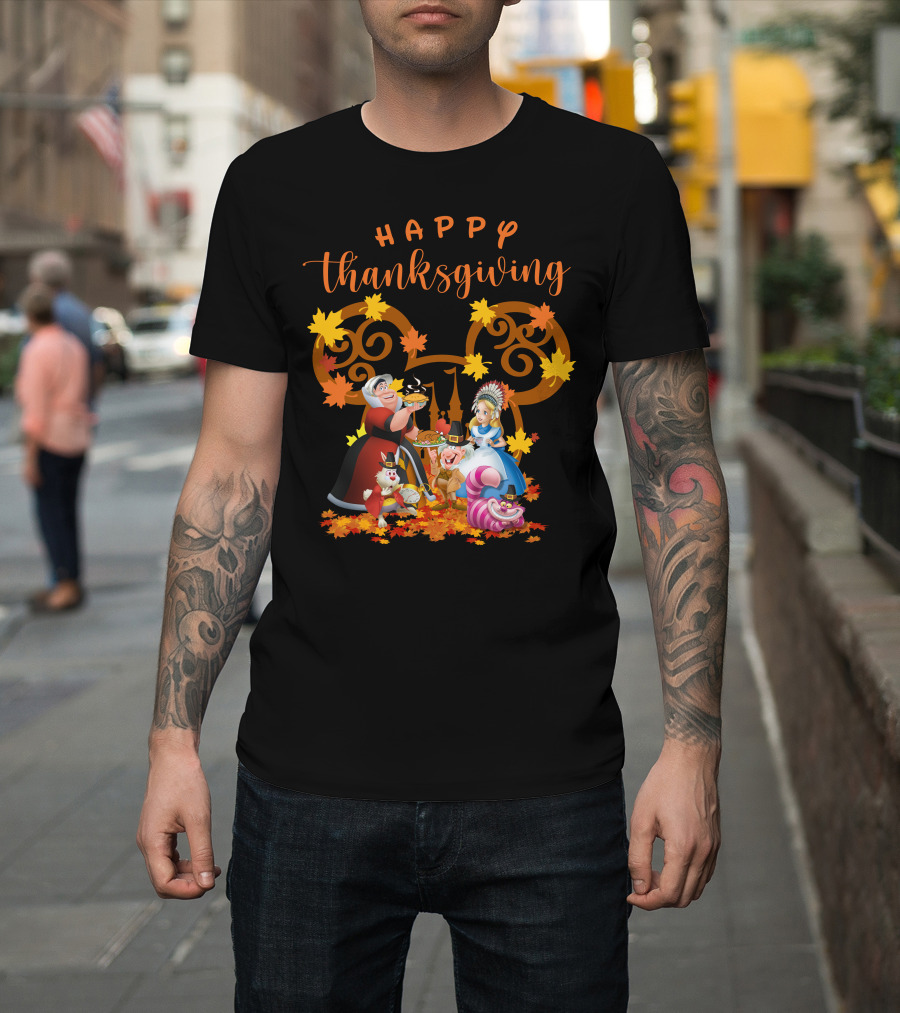 Happy Thanksgiving Alice Queen Mad Hatter Cheshire Cat Leaves T-Shirt