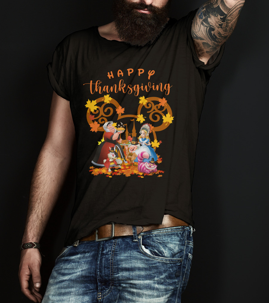 Happy Thanksgiving Alice Queen Mad Hatter Cheshire Cat Leaves T-Shirt