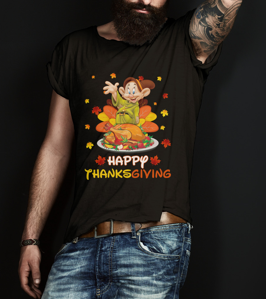 Dopey Happy Thanksgiving With Turkey And Autumn Leaves T-Shirt
