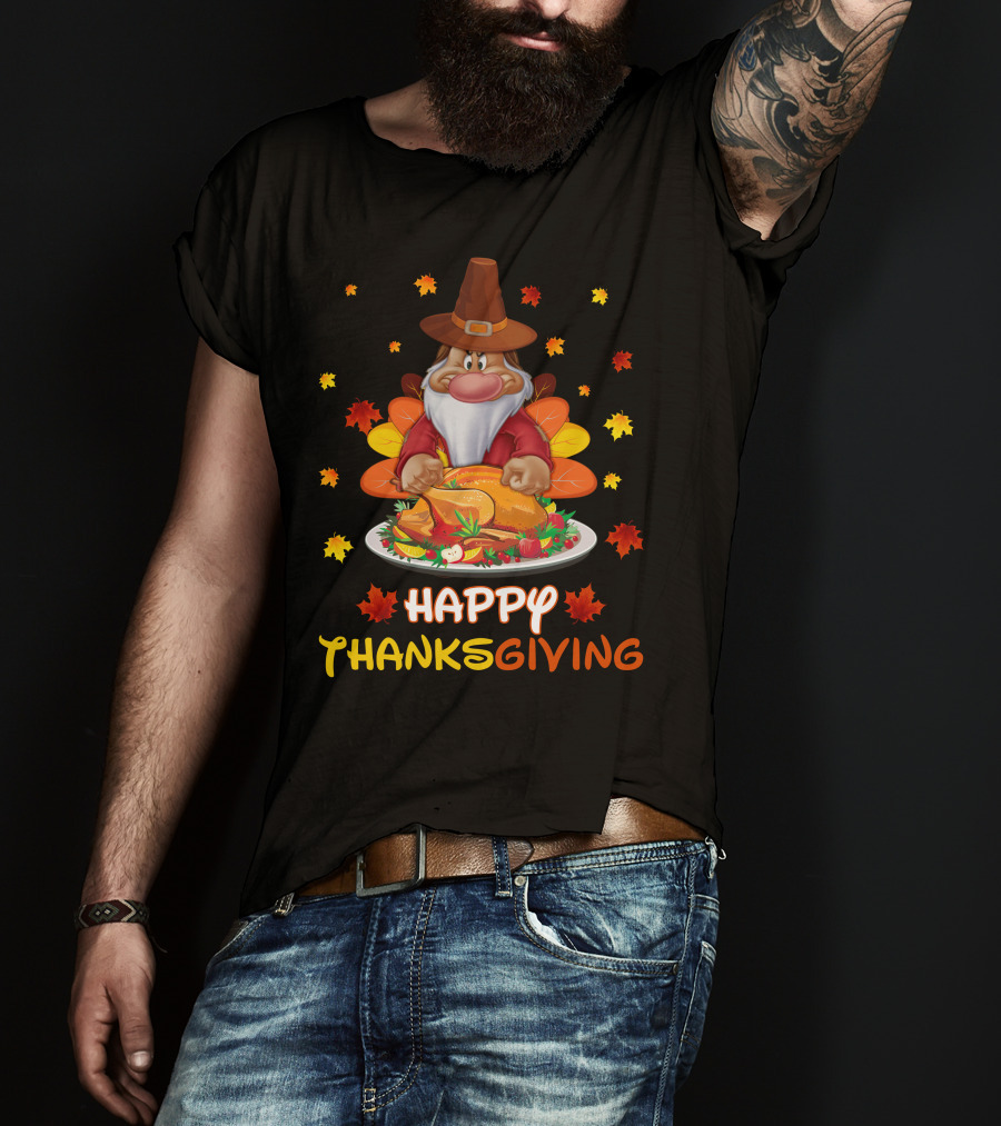 Happy Thanksgiving Grumpy Dwarf Pilgrim With Feast And Fall Leaves T-Shirt