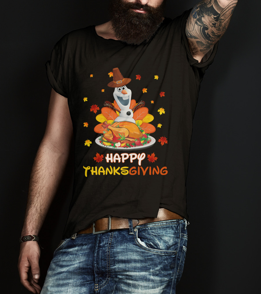 Olaf Turkey Happy Thanksgiving With Autumn Leaves And Pumpkin Pie T-Shirt