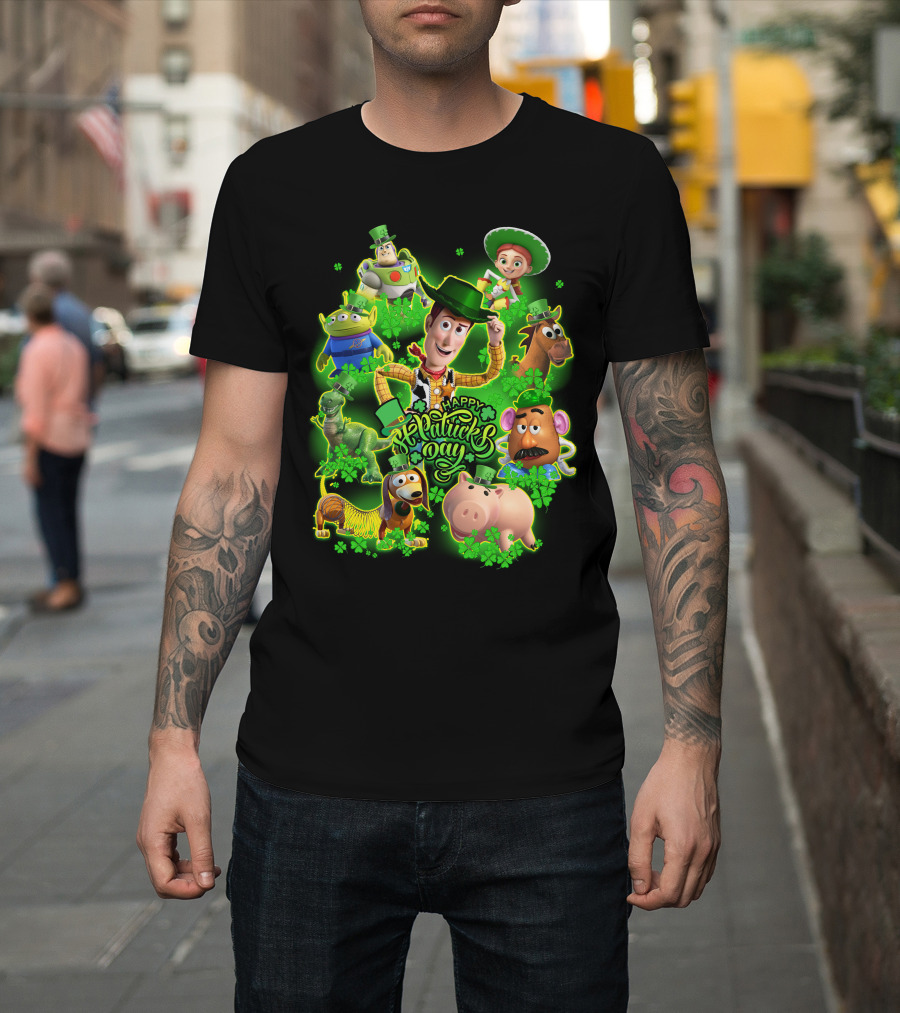 Happy St. Patrick's Day Toy Story Characters In Green Outfits With Shamrocks T-Shirt