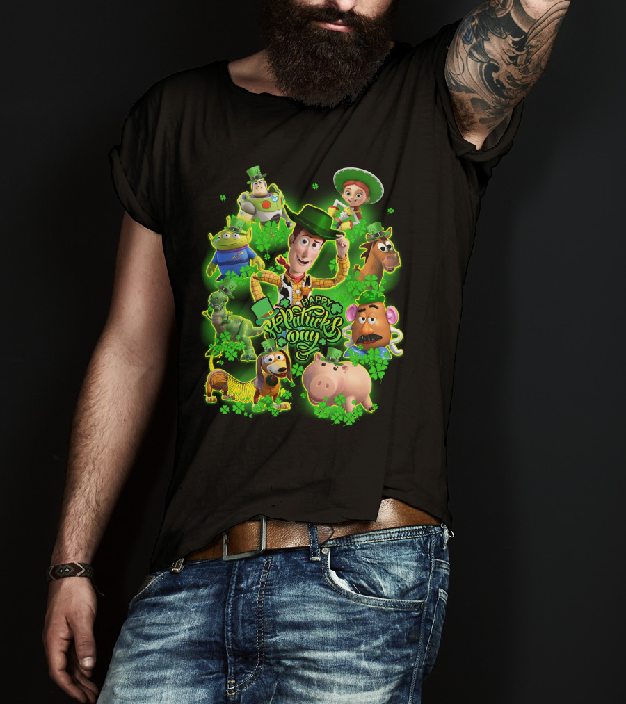 Happy St. Patrick's Day Toy Story Characters In Green Outfits With Shamrocks T-Shirt