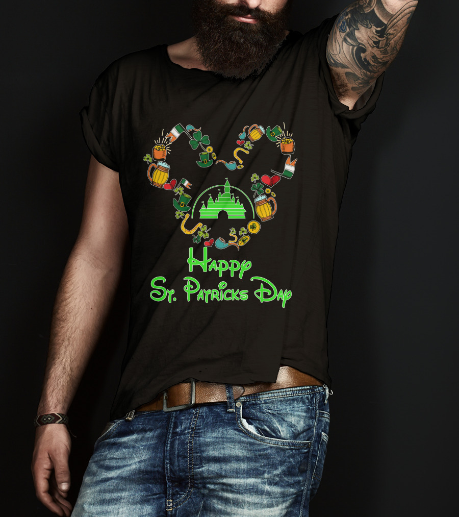 Happy St. Patrick's Day Disney Castle With Shamrock And Beer Icons T-Shirt