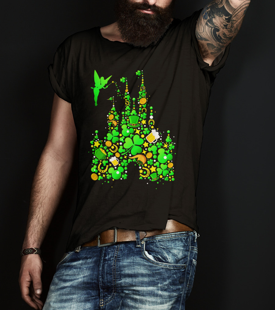 Disney Castle St. Patrick's Day Tinkerbell Leprechaun Hat Clover Coins Beer T-Shirt