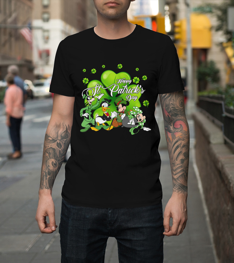 Happy St. Patrick's Day Mickey Mouse Donald Duck Goofy Minnie Mouse With Shamrocks T-Shirt