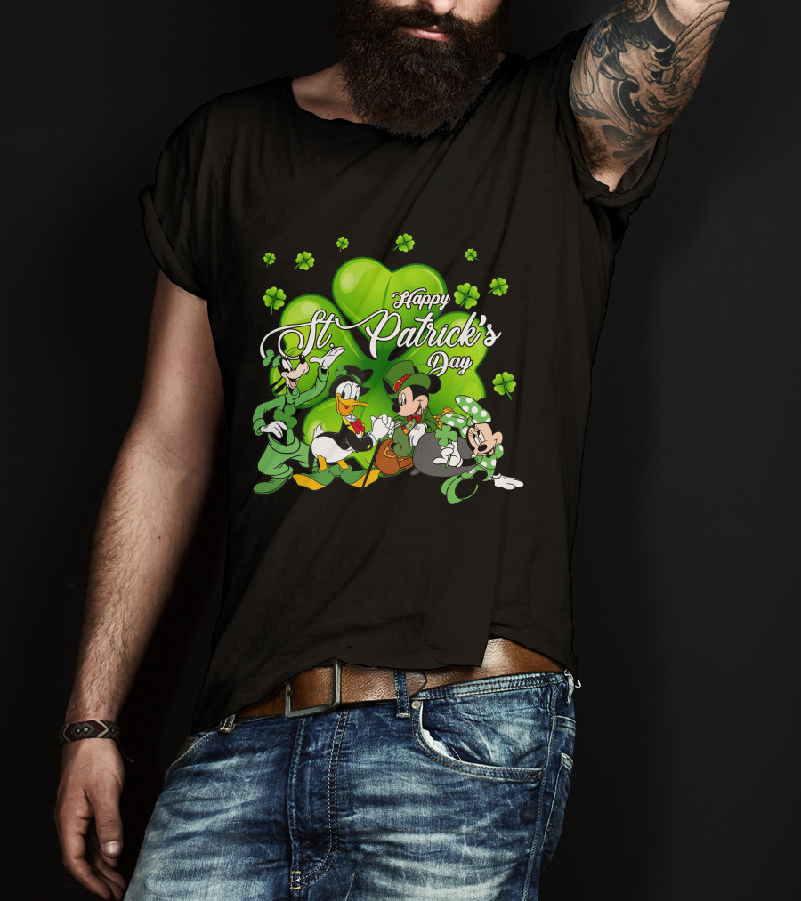 Happy St. Patrick's Day Mickey Mouse Donald Duck Goofy Minnie Mouse With Shamrocks T-Shirt