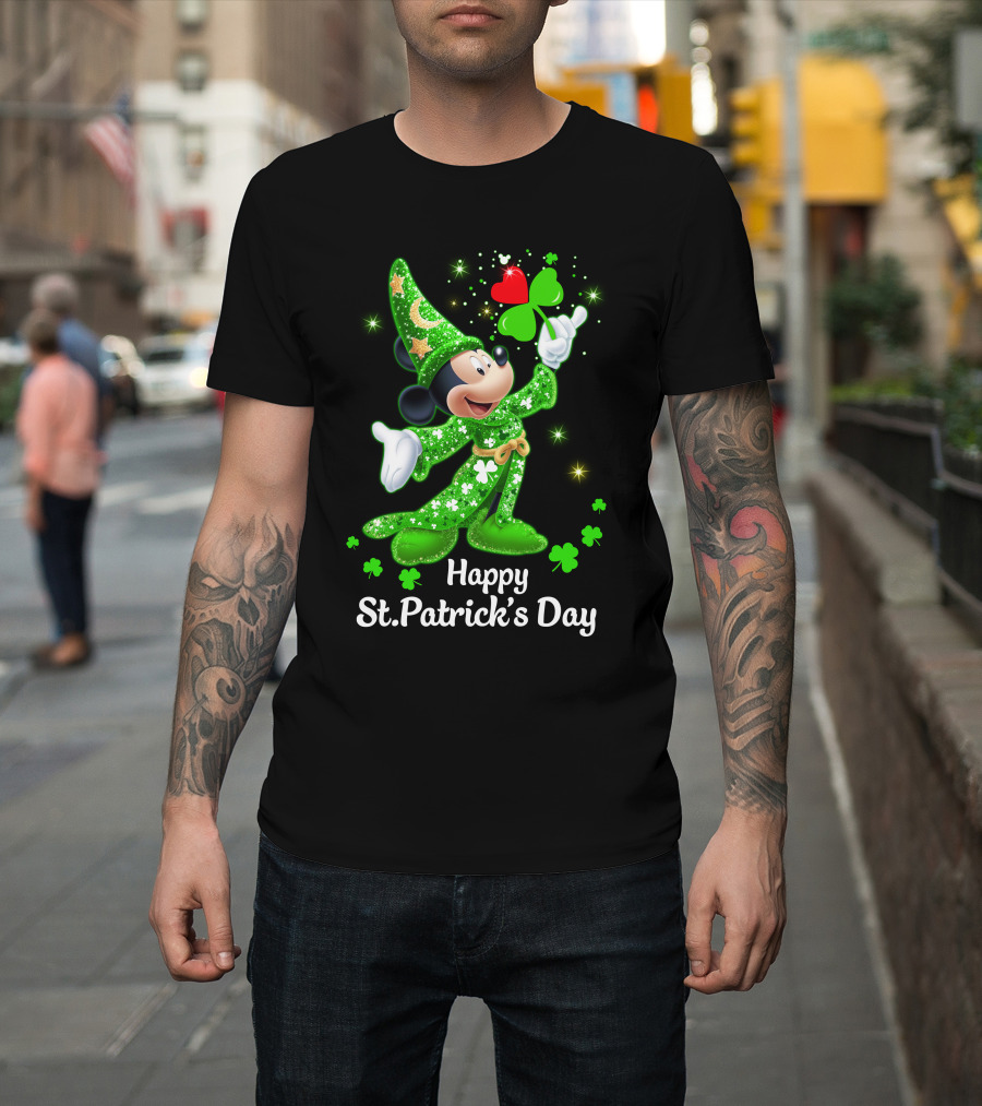 Happy St. Patrick's Day Mickey In Green Wizard Cloak With Clover Magic T-Shirt