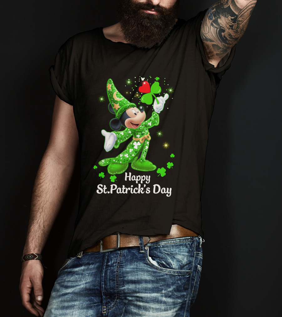 Happy St. Patrick's Day Mickey In Green Wizard Cloak With Clover Magic T-Shirt