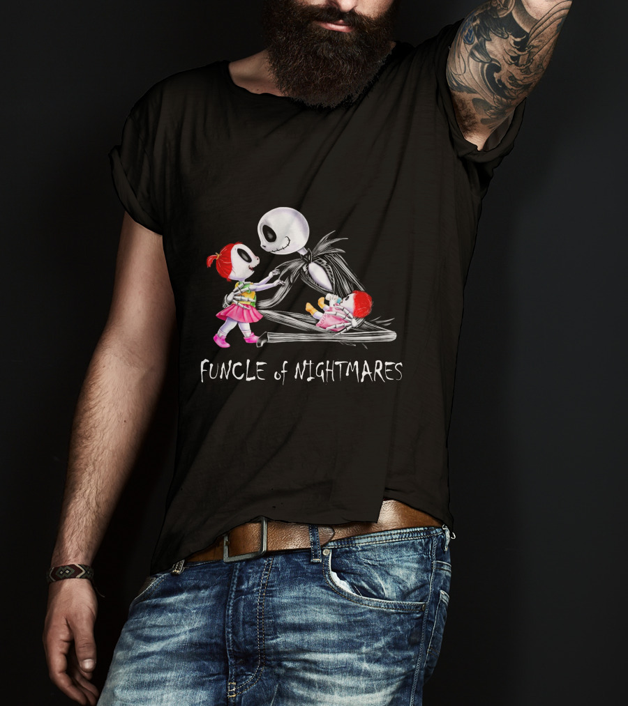 Funcle Of Nightmares With Two Girls And Skeleton Character T-Shirt