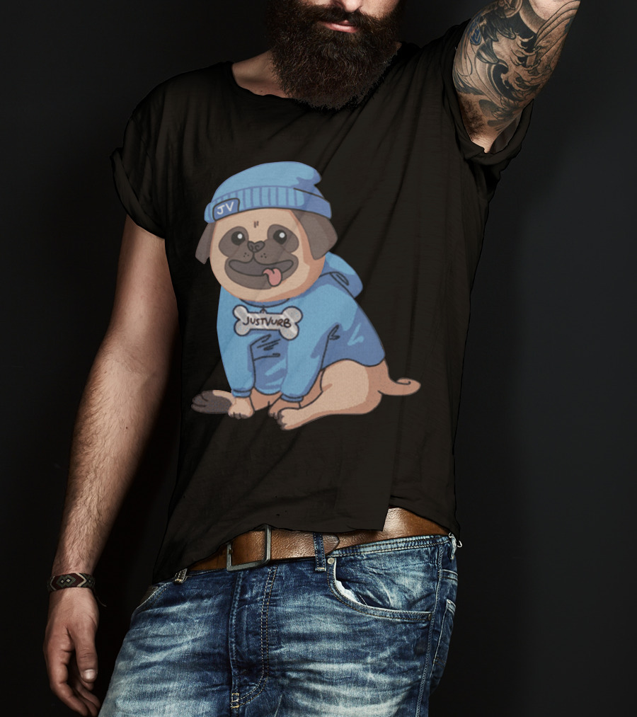 Justvurb JV Pug Dog In Blue Hoodie And Beanie T-Shirt