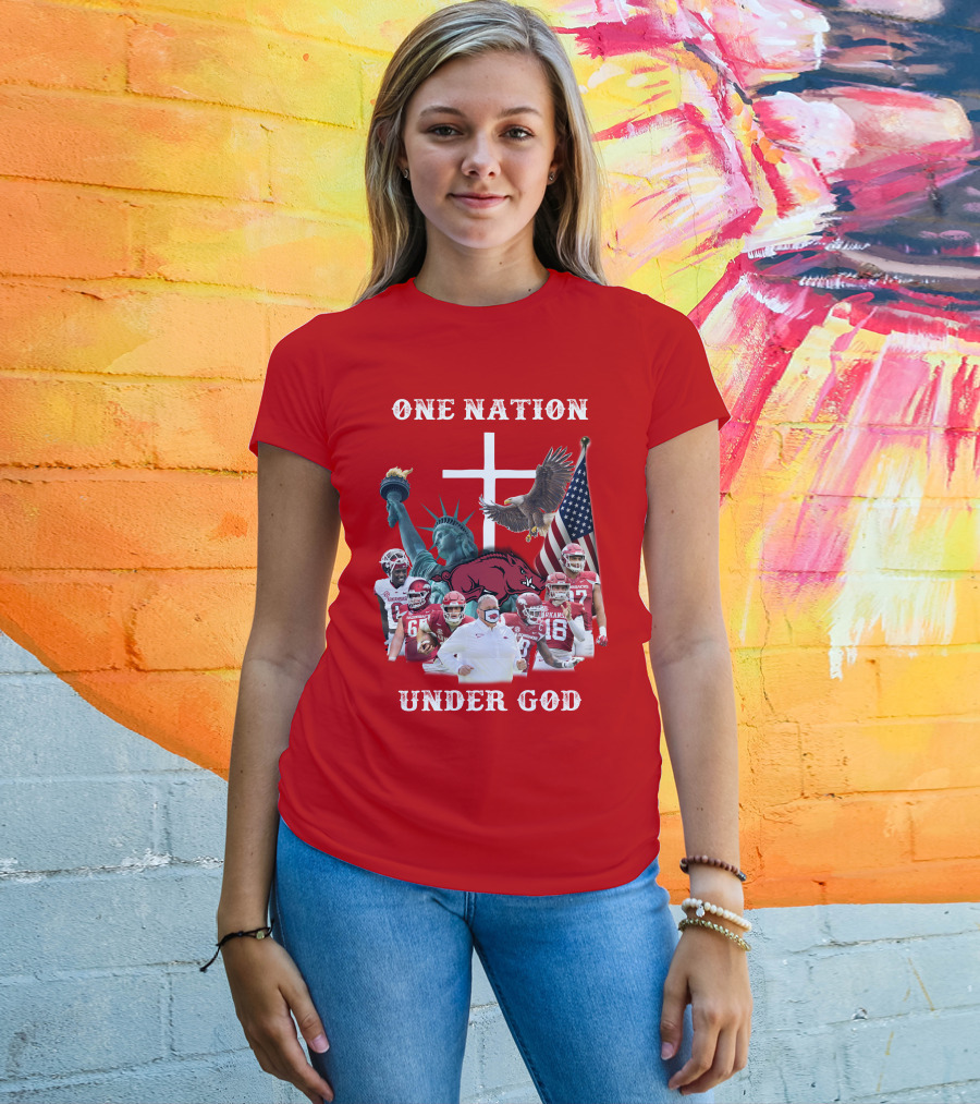 ONE NATION UNDER GOD Arkansas Razorbacks Football Liberty Statue Eagle Flag T-Shirt