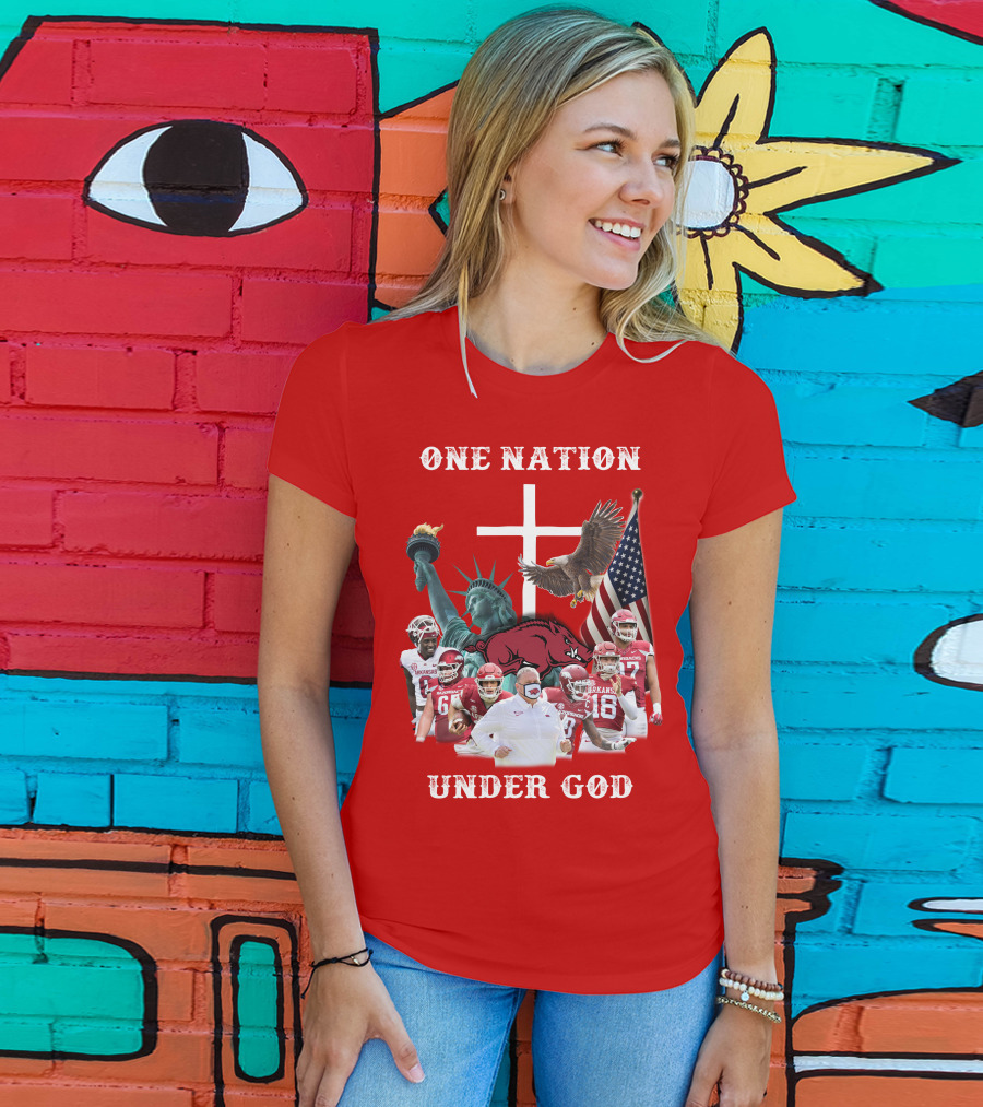 ONE NATION UNDER GOD Arkansas Razorbacks Football Liberty Statue Eagle Flag T-Shirt