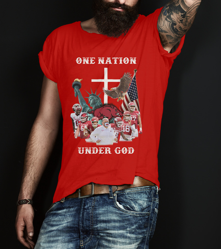 ONE NATION UNDER GOD Arkansas Razorbacks Football Liberty Statue Eagle Flag T-Shirt