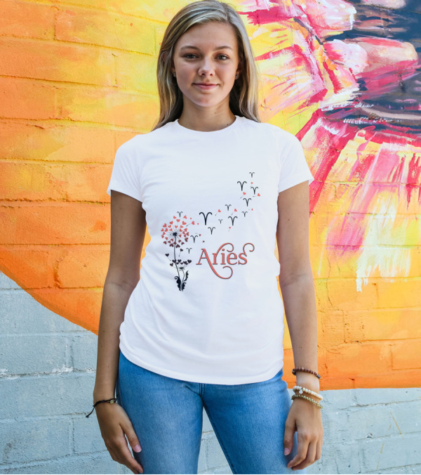 Aries Floral Symbol With Zodiac Motif T-Shirt