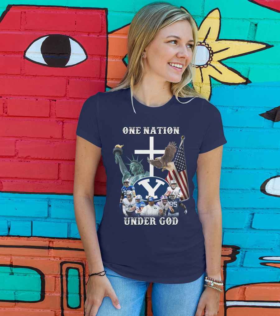 BYU One Nation Under God Coach Football Statue Liberty Cross Eagle Flag T-Shirt