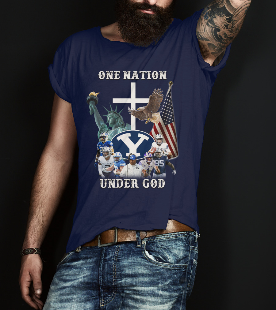 BYU One Nation Under God Coach Football Statue Liberty Cross Eagle Flag T-Shirt