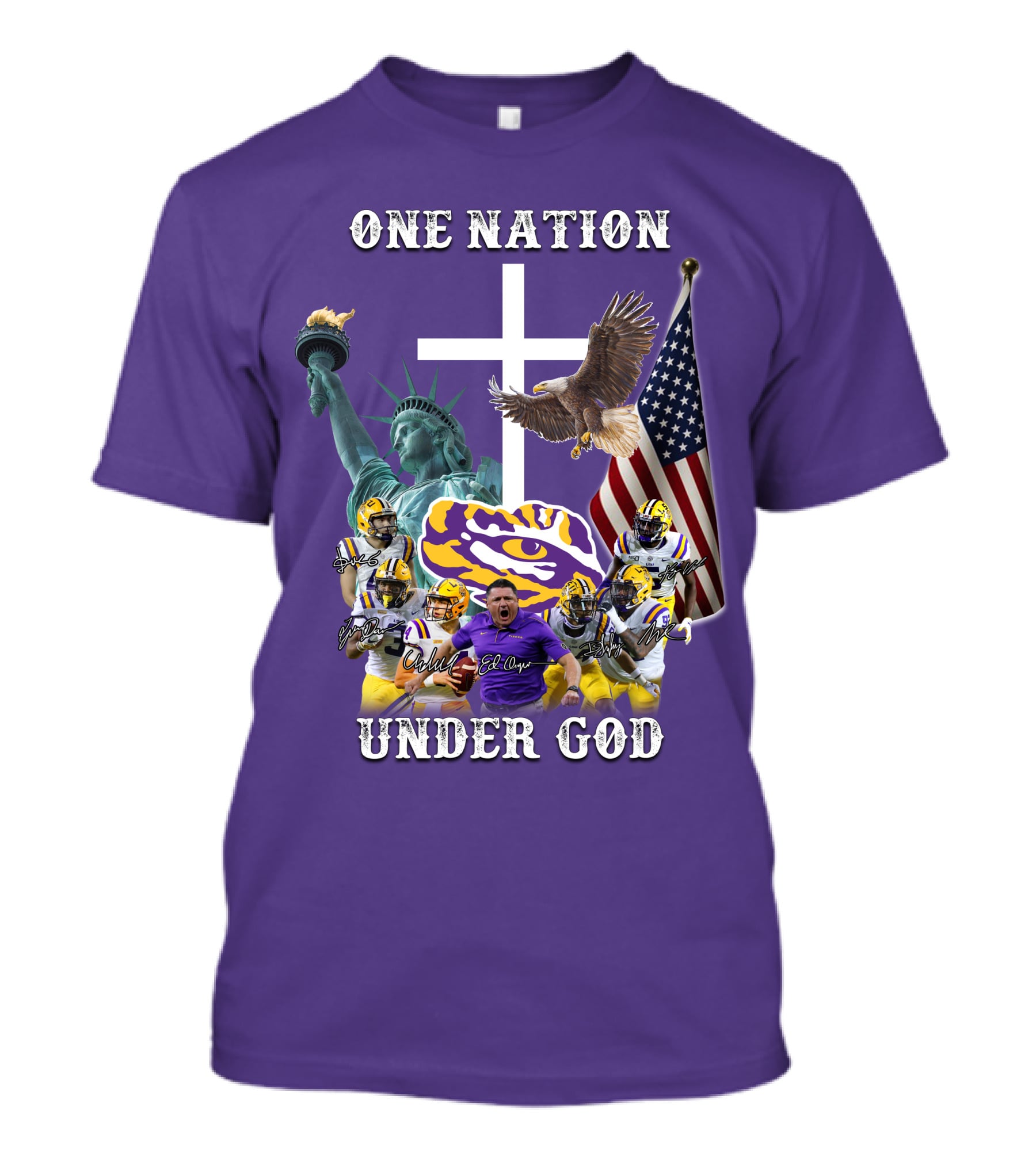 LSU Tigers Football One Nation Under God Coach Players Statue Of Liberty Eagle American Flag T-Shirt