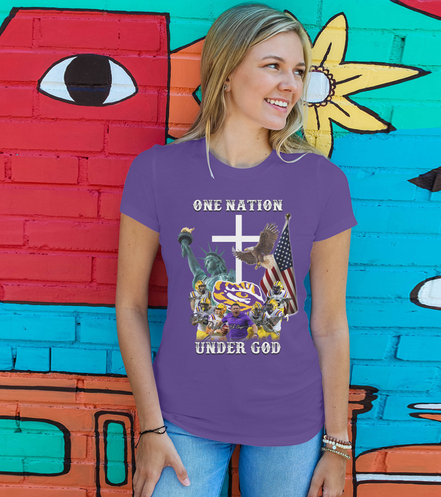 LSU Tigers Football One Nation Under God Coach Players Statue Of Liberty Eagle American Flag T-Shirt