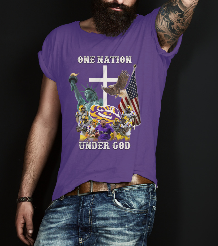 LSU Tigers Football One Nation Under God Coach Players Statue Of Liberty Eagle American Flag T-Shirt
