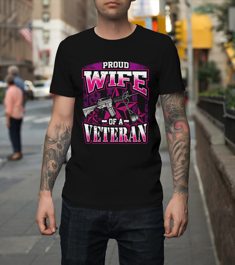 Proud Wife Of A Veteran Military Wife Rifle And Dog Tags Stars Background T-Shirt