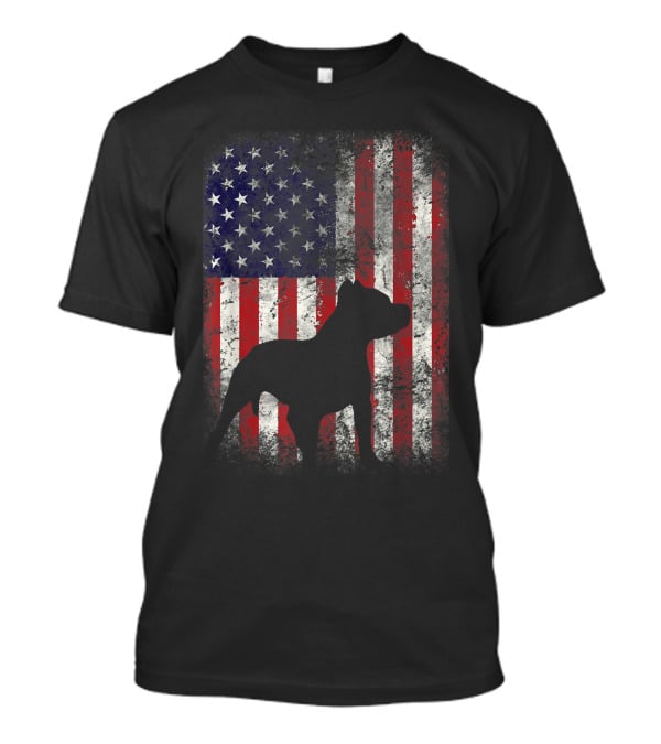 Pitbull Silhouette Against American Flag USA Patriotic T-Shirt
