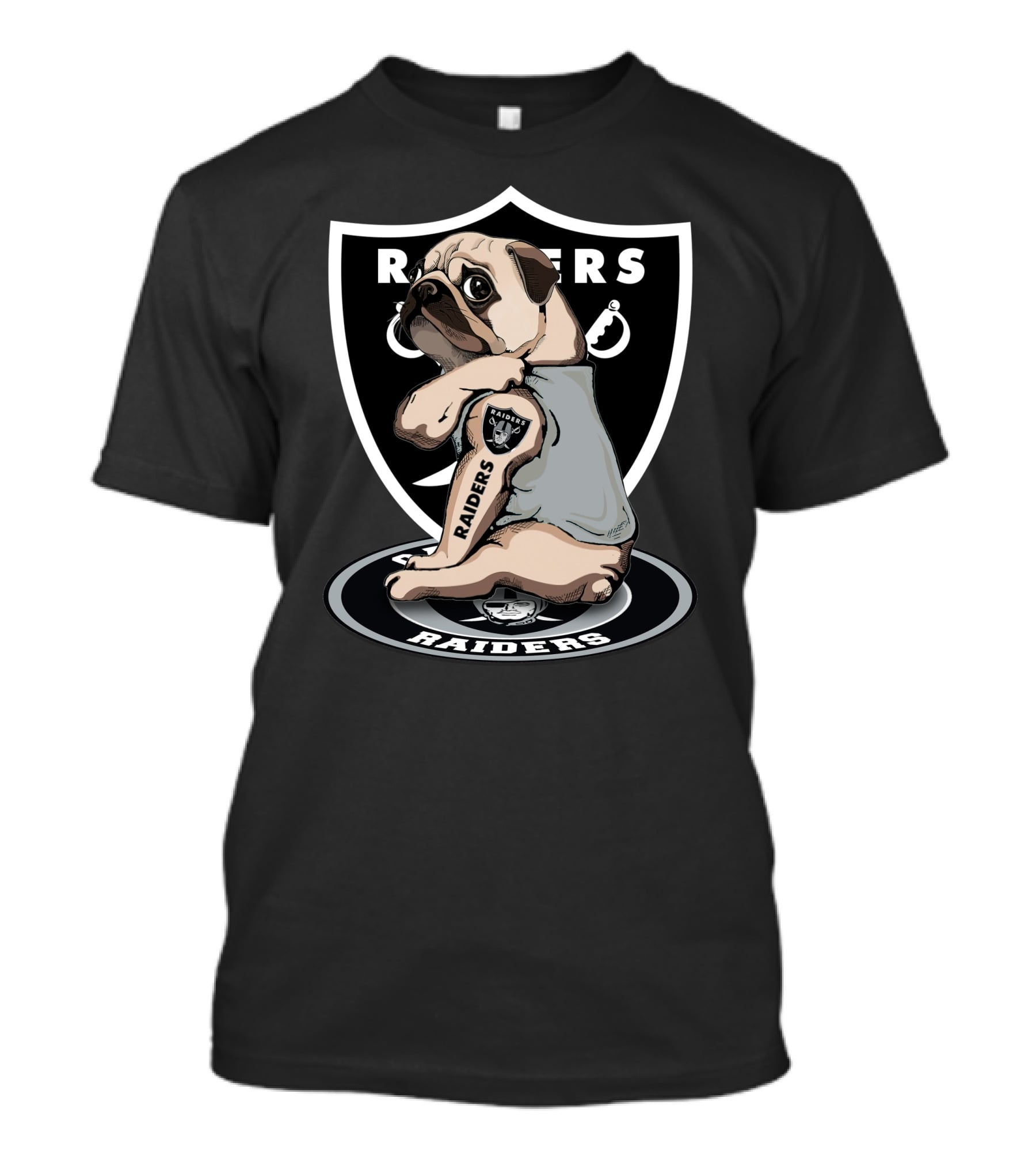 Pug Raiders NFL Team Parody With Tattoo And Shield T-Shirt
