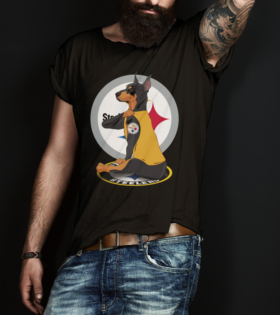 Steelers Dobermann Sitting On Steelers T-Shirt